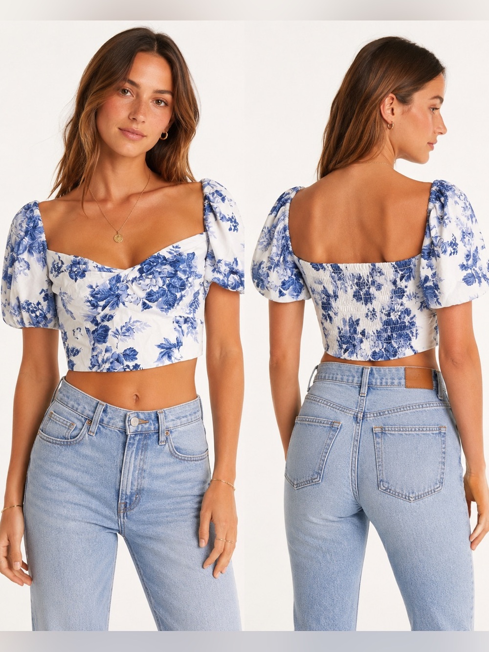 Abercrombie & Fitch Blue Floral Toile Puff Sleeve Crop Top Smocked Small